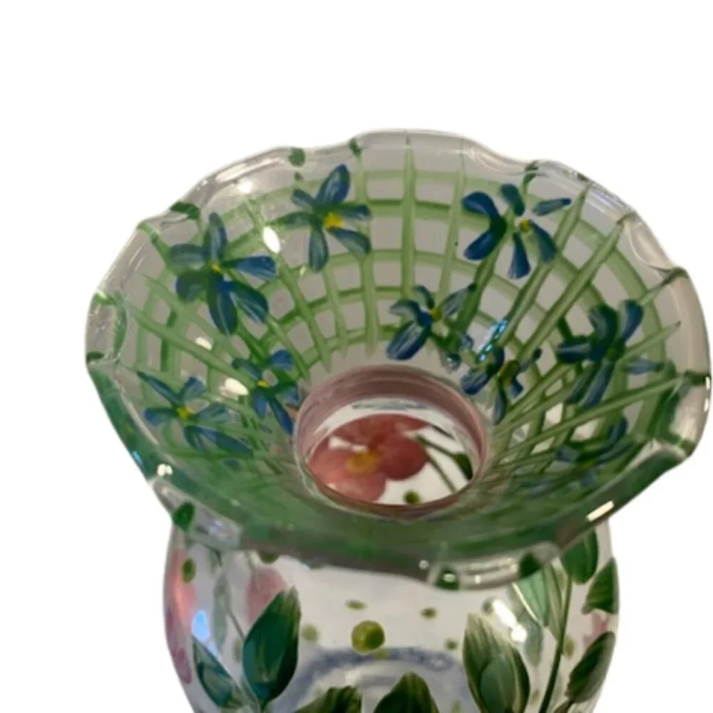 Hand-Painted Pink Green Ruffled Edge Checked Floral Vase by Tracy Poter 6.5